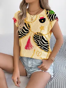 Women's Boho Zebra Chain Print Mesh Knit Sweater, Round Neck Short Sleeve, Casual Breathable Top for Spring Summer Fall