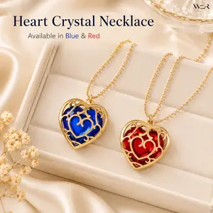 Heart Locket Pendant Necklace Gold Tone Blue Red Crystal Sparkling Elegant Romantic Lightweight Versatile Feminine Jewelry for Women Girls Daily Wear Gift Idea Perfect Accessory