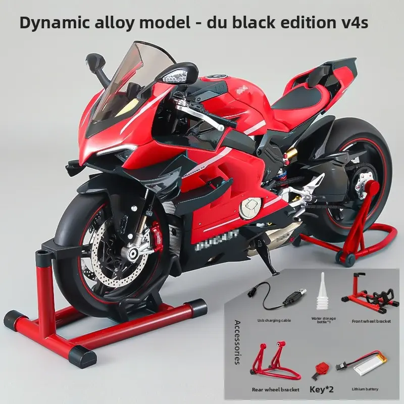 Dynamic alloy motorcycle model, 1:7 Scale ultra-light all-carbon V4, featuring realistic sound and light effects + key start, mechanical linkage design, water spray effect, abundant alloy material construction, suitable for both collection and playing.