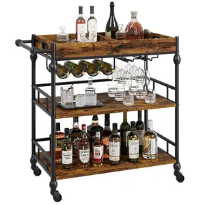 Brown 3-Tier Rolling Bar Cart with Wheels, Metal Serving Cart with Wine Rack & Removable Tray for Home, Kitchen, Dining Room, and Living Area Retro Stylish Glass Utensils