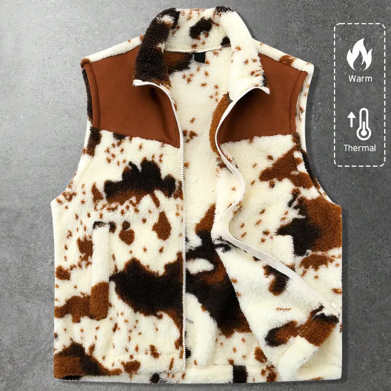 This men's streetwear fleece sleeveless gilet vest features a graphic cow print and patchwork design, creating a casual streetwear style that's perfect for fall and winter.
