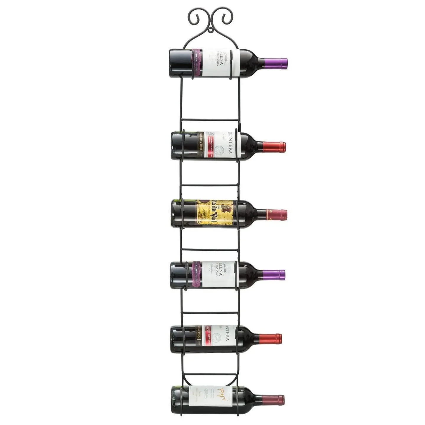 Metal Wine Rack for 6 Bottles, Wall Mounted for Kitchen and Home Bar, Curved Slots with Mounting Hardware Included