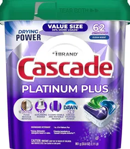 Cascade Platinum Plus Dishwasher Pods, Dish Detergent Soap, Clean Scent, 62 Count