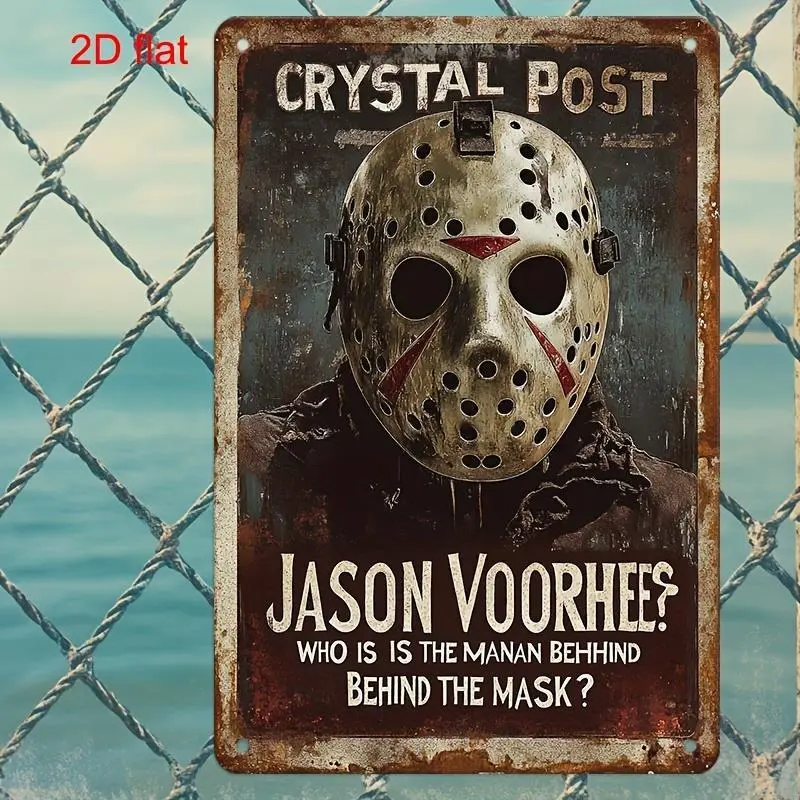 Retro Vintage Rustproof Metal Tin Wall Hanging Plaque - Jason Voorhees Horror Icon Graphic, 7.9x11.8in Durable Pre-Drilled Holes Sign, Horror Fan Collectibles, Ideal Wardrobe Gift for Men’s Work/Study Spaces