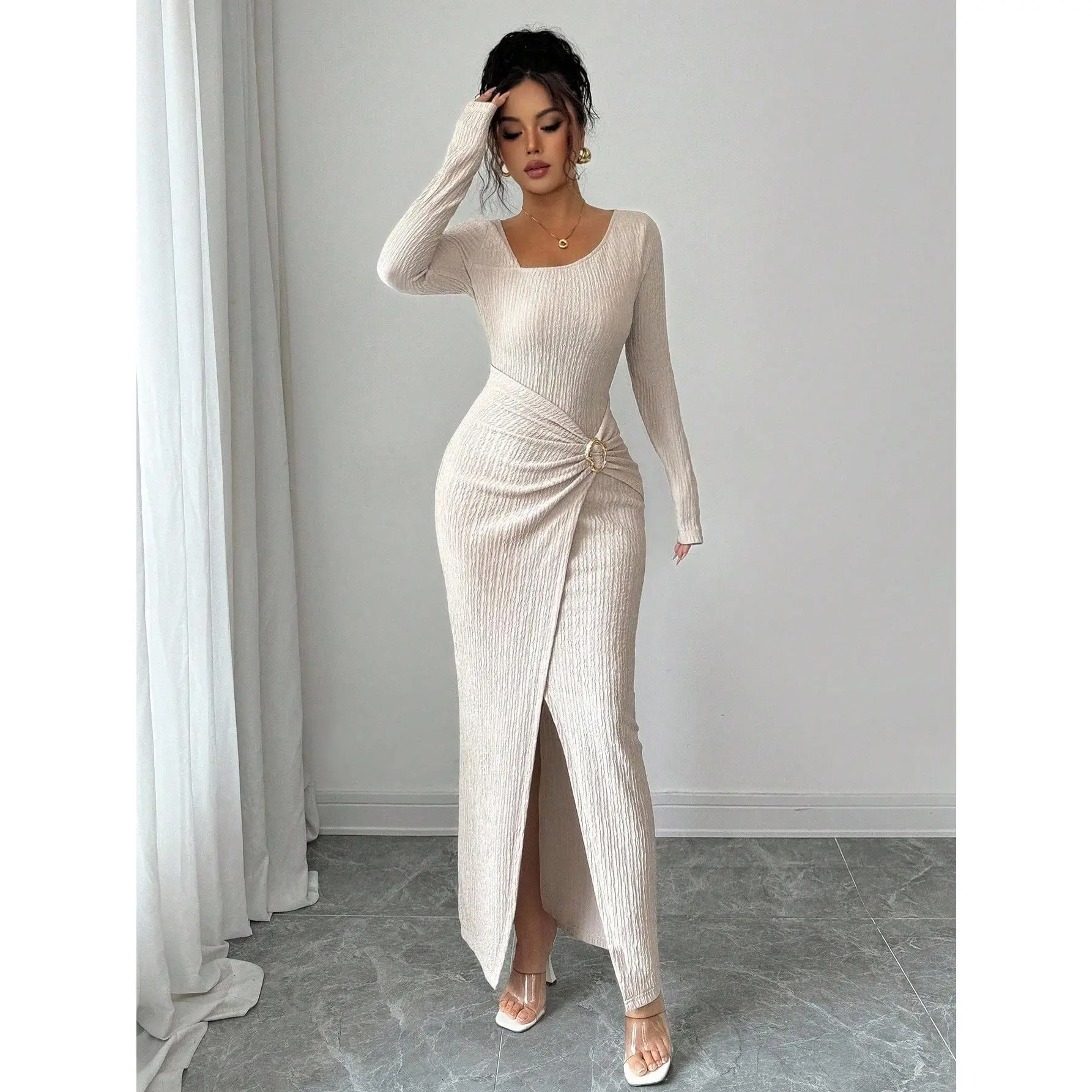 black long sleeve mini dress flowy Sevila Long Sleeve Mini Dress in Crinkle Black , Bodycon main image 1