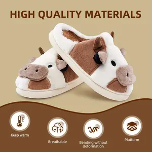 Women's Fuzzy Cow Cotton Slippers Portable Animal Slippers For Indoor Outdoor Warmth Lovely In Winter