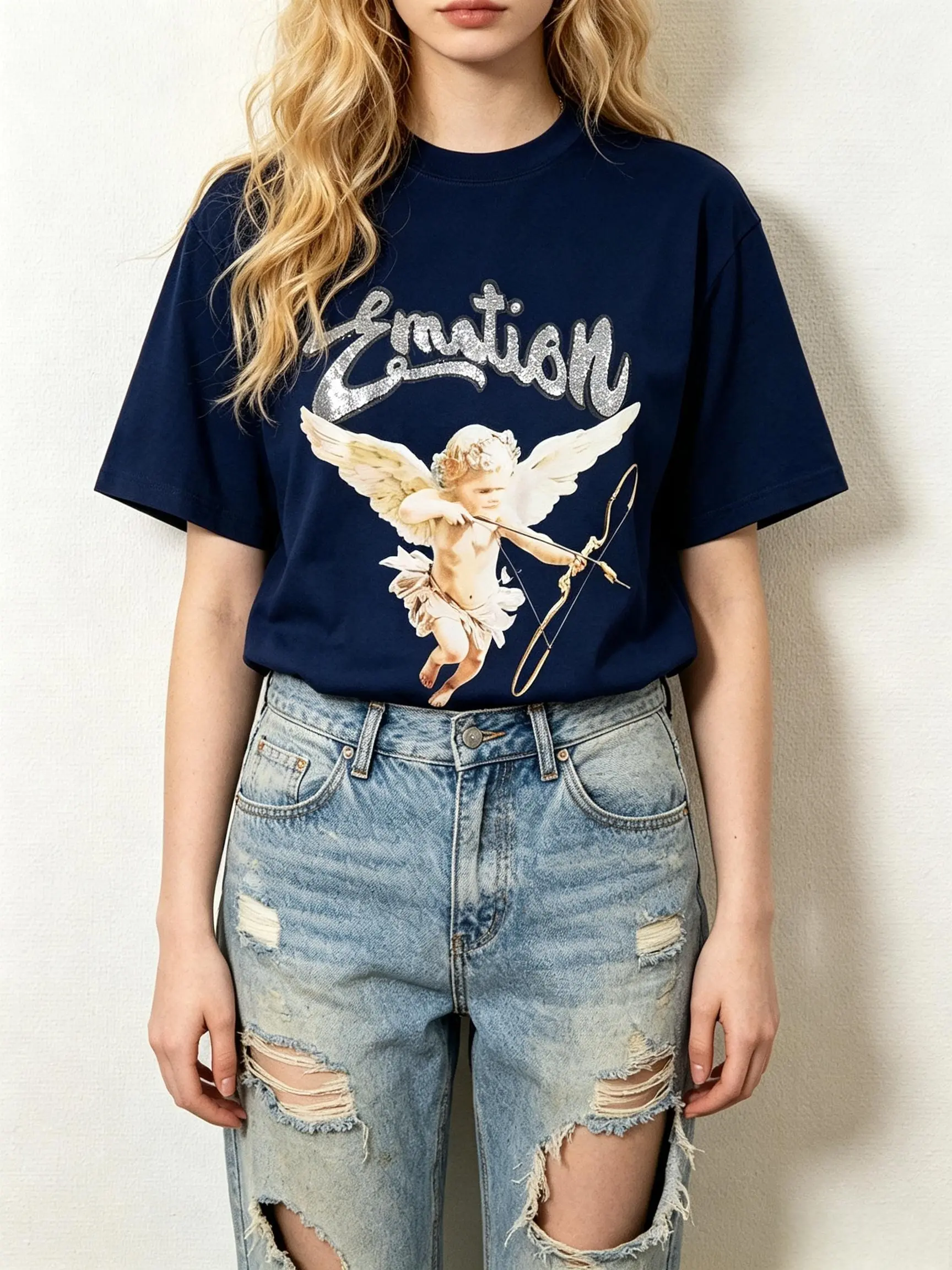 Oversized Graphic Tee Graphic T-Shirt with Angel Print - Emotion Design Trendy Streetwear for Men & Women Fashion Tee 2025 Novelty Graphic T Shirt funny tshirt Undershirts Tees Casual Streetwear Class sohochic