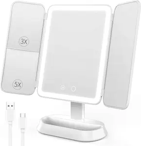 Lighted Makeup Vanity Mirror, Height Adjustable Trifold Mirror with Seamless Light Strip, 1X/2X/3X/10X Magnification, 2000mAh Rechargeable Desk Mirror, Dimmable 3 Color Lighting, Gifts for Mom Women