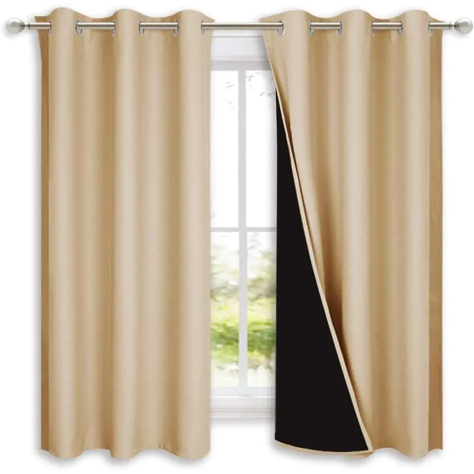 NICETOWN Bedroom Full Blackout Curtain Panels, Super Thick Insulated Grommet Drapes, Double-Layer Blackout Draperies with Black Liner for Small Window (Set of 2 PCs, 42 by 63 inches, Biscotti Beige)