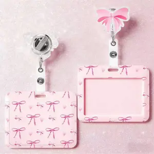 1pc Pink Bow Coquette Badge Set • Horizontal ID Holder & Retractable Reel with Alligator Clip • Cute Name Tag for Nurses, Doctors, Teachers & Office Professionals