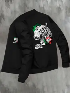 Men's Tiger Head Element Mexican Print Jacket, Trendy Casual Youth Fitted Stand Collar Coat, Winter High-End Leisure Outerwear