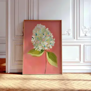 Coral Hydrangea Wall Art Print, Scandinavian Floral Decor, Room Decor, Unframed