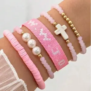 Stackable Printed Letter WWJD Turquoise Cross Bracelet Pearl Pink Quartz Soft Clay Beaded Bracelet 5-Piece Set