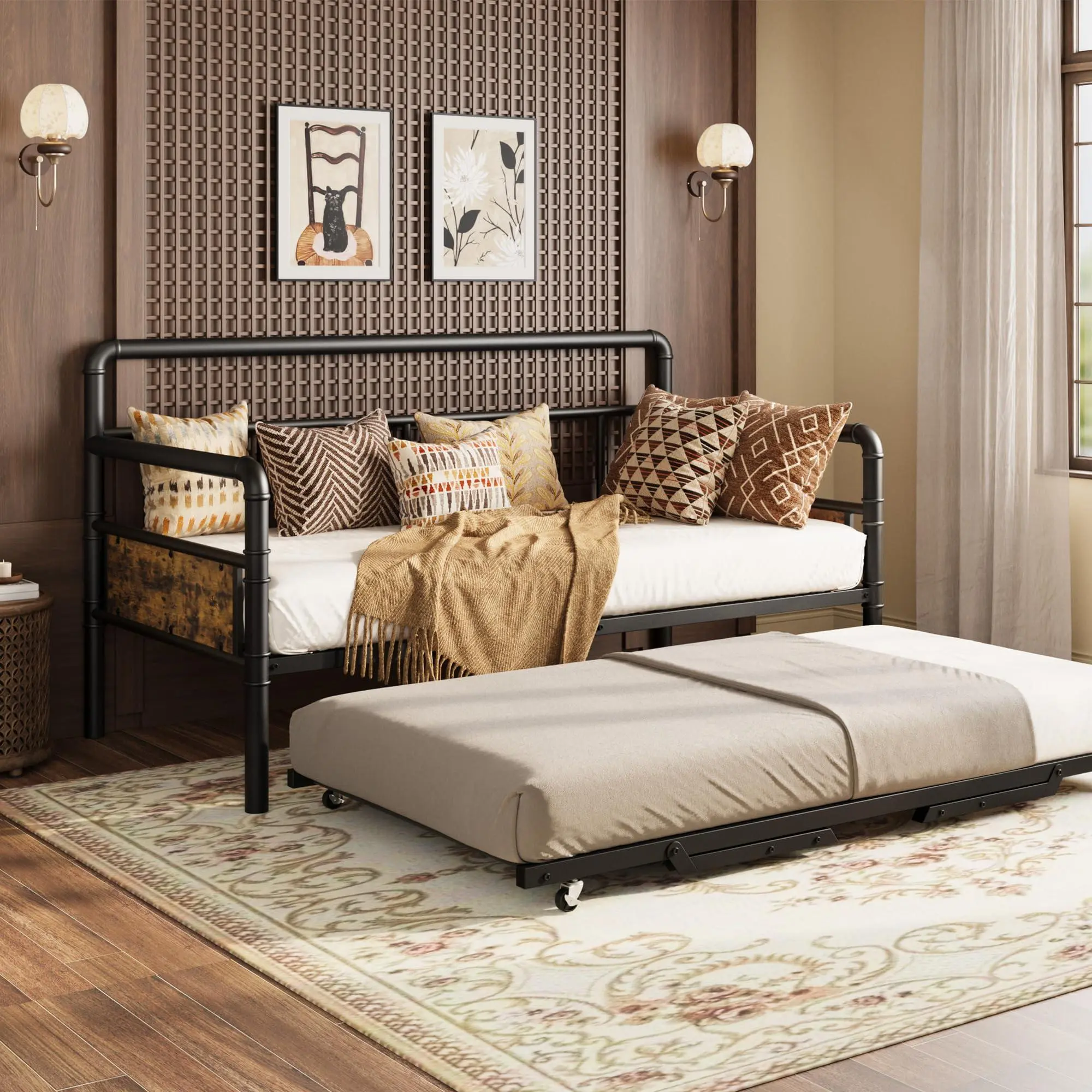 Black Twin Vintage Daybed with Trundle - Heavy-Duty Foldable Metal Pull-Out Bed Frame, Solid Steel Slats Support, Noise-Free Storage Sofa Bed, Assembly Required, 73.6in(L)x38.9in(W)x12.6in(H) for Living Room, Guest Room
