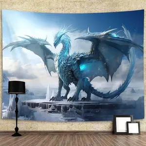 Bule Dragon Tapestry, Medieval Fantasy Animals Cool Dragon Tapestry, Winter Snow Regions Art Aesthetics Wall Decor Tapestry Wall Hanging for Home College Dorm Living Room, Panels 80 x 60IN