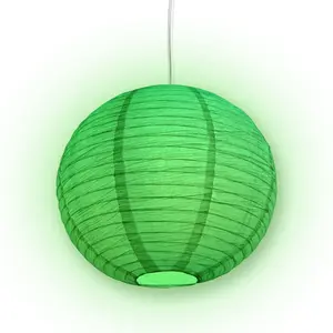 LANTERN + CORD + COLOR BULB | White Crepe Premium Paper Lantern with Pendant Cord Combo Kit, Switch, E12, Green Bulb