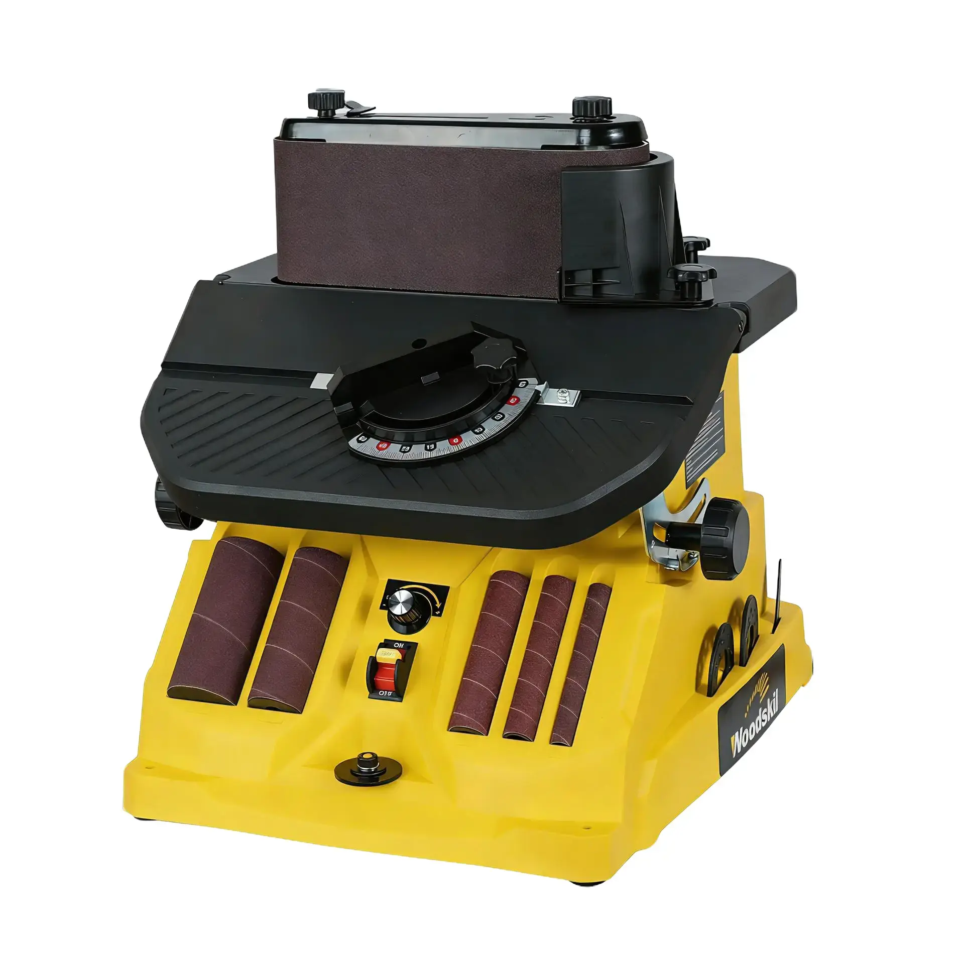 Woodskil 4A Variable Speed Oscillating Belt and Spindle Sander - 4x24" Belt, 5 Sanding Sleeves, 1000-1800 RPM, 2/3HP, 120V (AC), 13.8"l x 17.3"w x 18.5"h, Efficient Dust Collection for Woodworking Projects, OSM-2V, Sand Belts