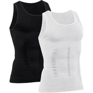 Shaperluv Men's Tank Top Compression Shirt Slimming Body Shaper Vest for Workout & Fitness - White & Black - Tummy Control & Support