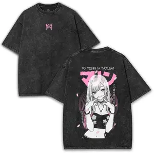 My Dress-Up Darling Marin Kitagawa 260GSM Heavyweight Washed Oversized T-Shirt, Pink Sakura Back Print Anime Waifu Graphic Tee, Cotton Streetwear Unisex Couple Top for Anime Collectors Fans