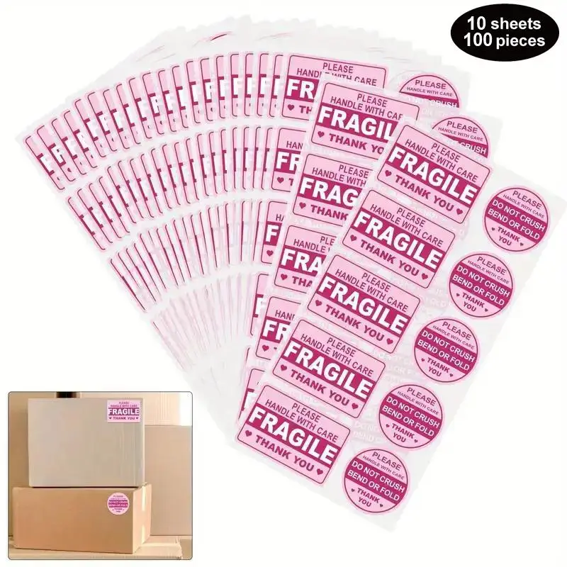 Fragile Please Handle with Care Pattern Sticker, 100pcs Adhesive Label Sticker Suitable for Shipping Packaging Mailing Envelope Carton