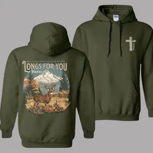 Psalm 42:1 Christian Hoodie, Retro Mountain Deer Graphic Hoodie for Men , Faith Based Outdoor Hiking Outfit, Religious Worship Apparel, Inspirational Gift
