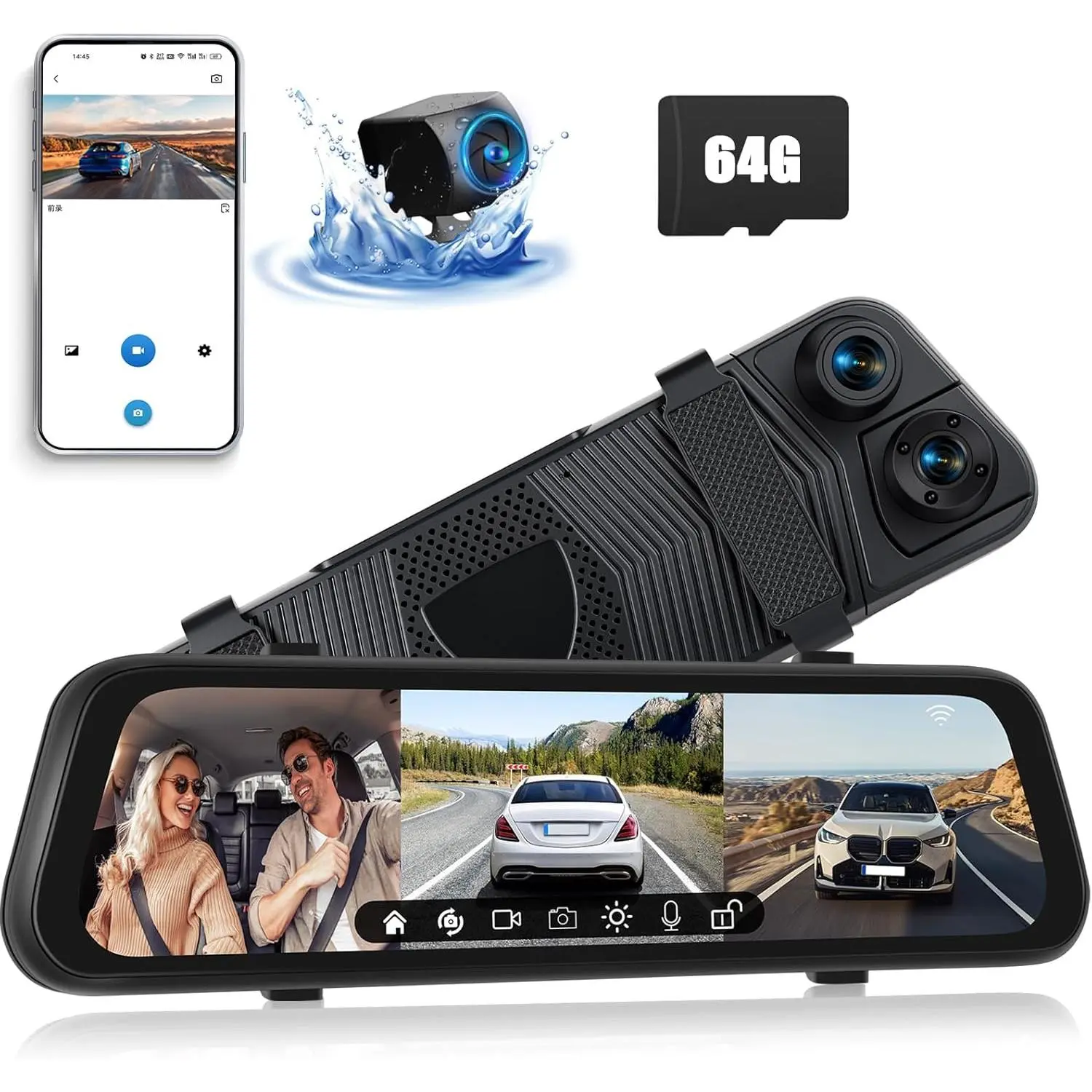 RIMOODY 3-Channel Mirror Dashcam, 9.66in Car-Mounted/Windshield-Mounted Car Camera with Wi-Fi, Front 1080P, Inside & Rear Lenses, G-Sensor, Night Vision, Loop Recording, Reverse Assist, APP Control, 64GB TF Card, Father's Day Gift, Car-Mounted Car Cameras