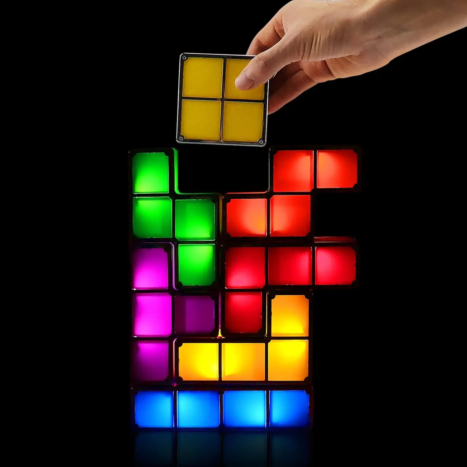 7-Color RGB LED Stackable Light - DIY Stacking 3D Puzzle Desk Toy with Chain Induction, Automatic Interlock On/Off, Push Button, Metal Edges, Indoor Gamer Mood Lighting, Holiday Gift (No Adapter)