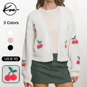 KatchMe Women's Lovely Knit Cherry Print Open-Front Short Cardigan, Leisure Long Sleeve Drop Shoulder Cherries Knitwear, Womens Cropped Outerwear(new)