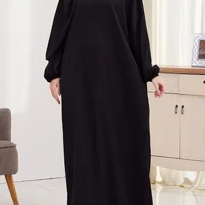 Solid Batwing Sleeve Hooded Modest Dress, Elegant Maxi Loose Simple Dress, Women's Clothing