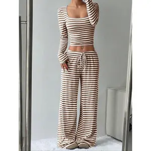 2026 Women's 2 Piece Y2K, Striped Ribbed Knit Long Sleeve Square Neck Crop Top, High Waist Drawstring Wide Leg Pants Loungewear Set