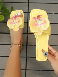 Women's Orchid Decorative Sandals, Elegant Floral Sandals, Square Toe Flat Slippers, Summer Casual Beach Flip Flops, Comfortable and Stylish Footwear