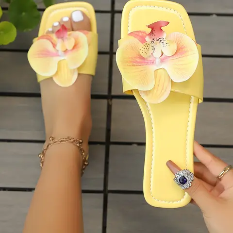 Women's Orchid Decorative Sandals, Elegant Floral Sandals, Square Toe Flat Slippers, Summer Casual Beach Flip Flops, Comfortable and Stylish Footwear, Flat Sole Sandals, Fashionable Floral Sandals