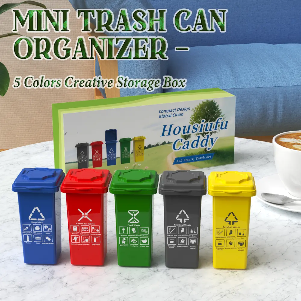 Minimalist Mini Trash Can Cigarette Case - 3-Compartment Compact Plastic Bins, Durable Stackable Room Accessories, Portable Classified Box for Small Essentials, 5-Color Full Set (Blue,Red,Green,Gray,Yellow) Boyfriend Gift