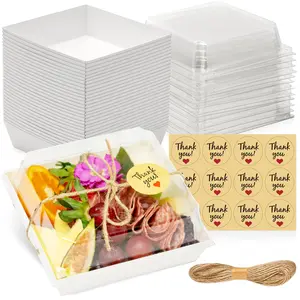 50 Pack Small Charcuterie Boxes with Clear Lids - To Go Paper Mini Charcuterie Box, Disposable Food Containers, 5Inch Dessert Boxes - Sandwich, Cookie, Sushi, Cake Slice, Strawberries (White)