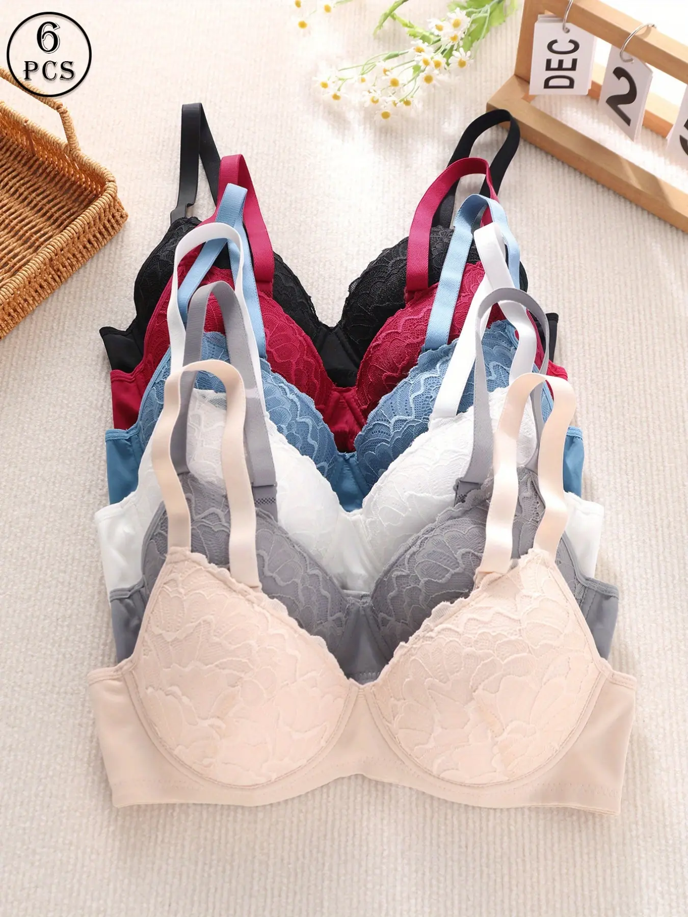 6 Pack Contrast Lace Bra Set, Elegant and Sexy, Multi-Color Combo, Basic  Everyday Underwear, Daily