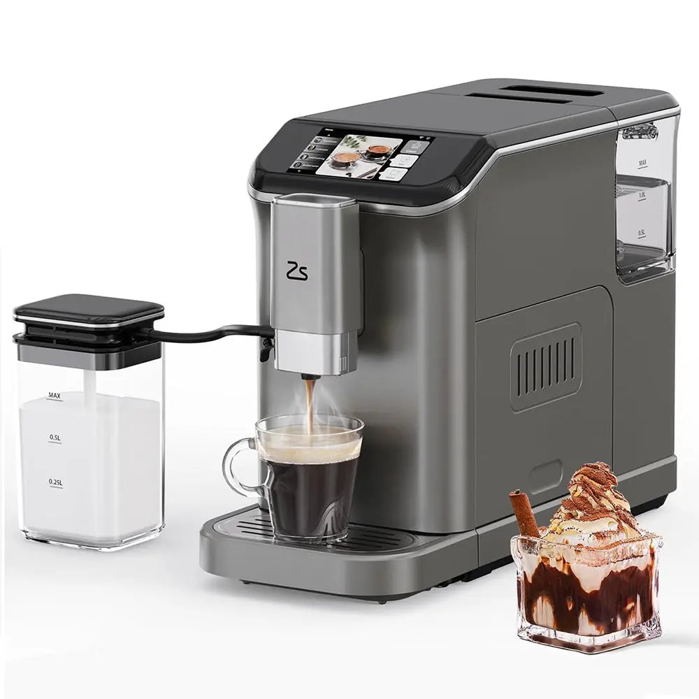GARVEE Discover the GARVEE 20 Bar Fully Automatic Espresso Machine with Touch Screen, Built-in Frother, and Insulated Milk Container for Perfect Cappuccinos and Lattes in Elegant Grey and Gold Finishes.