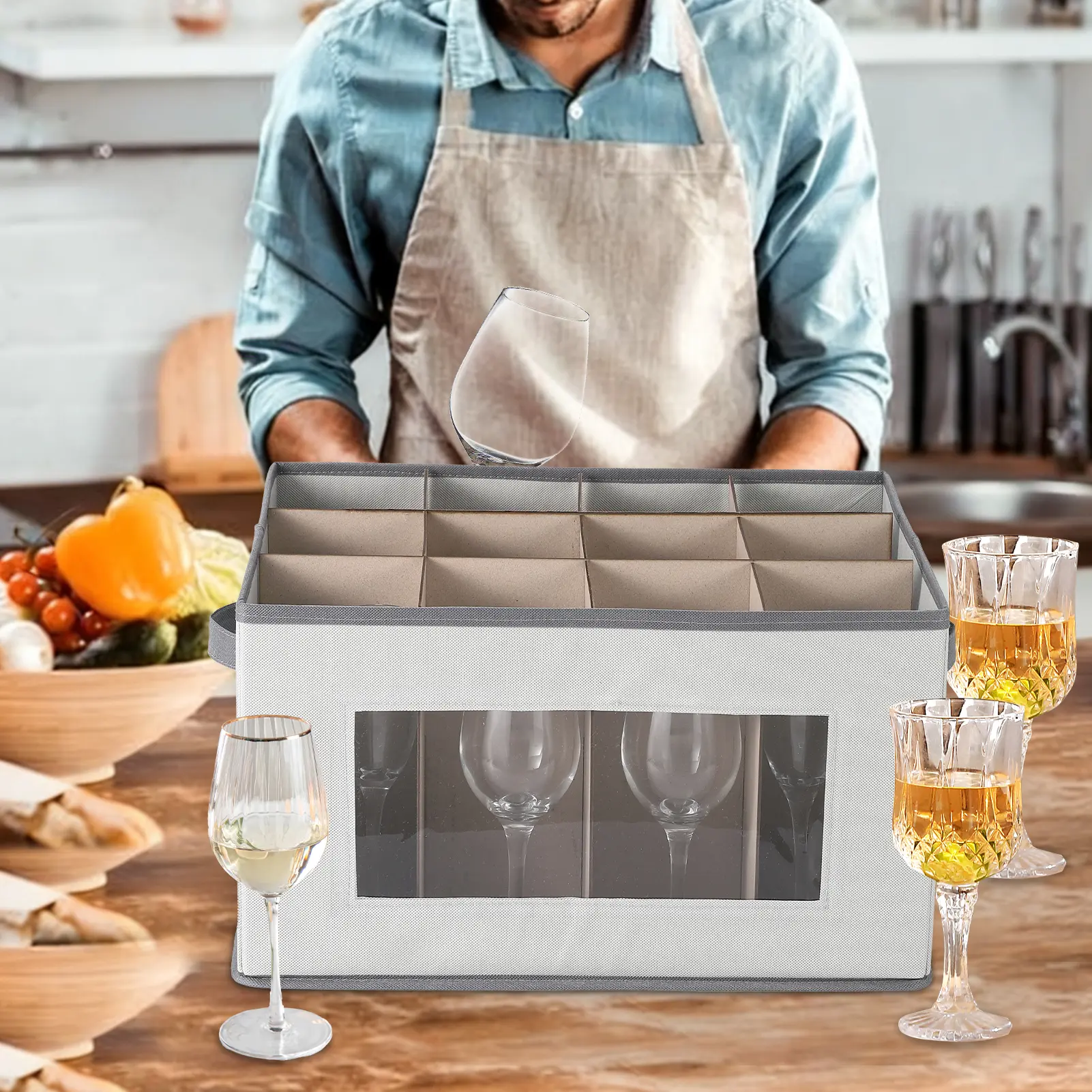 OUTGOODS Sturdy PVC Waterproof Kitchen Glassware Storage Organiser Set - 3-Pack 12-Compartment Transparent Lidded Double-Sided Storage Boxes for Wine Glass, Champagne Flute Moving