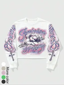 Vintage Angel Rhinestone Long Sleeve Sweatshirt, Street Style Letter Cross Print Cropped Short Top, Fashionable Comfortable Casual Daily Wear, Streetwear