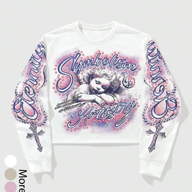Vintage Angel Rhinestone Long Sleeve Fitted Graphic Sweatshirt, Street Style Letter Cross Print Cropped Short Top, Fashionable Comfortable Casual Daily Wear, Elegance, Aesthetics, Streetwear