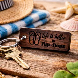 Life is Better in Flip-Flops - Solid Oak wooden keychain with stainless steel hardware