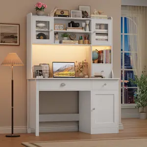 Farmhouse Computer Desk with Hutch and 3 Drawers, 47.2" Executive Office Desk with Storage Drawers, Wood Desk with Power Outlet for Home Office