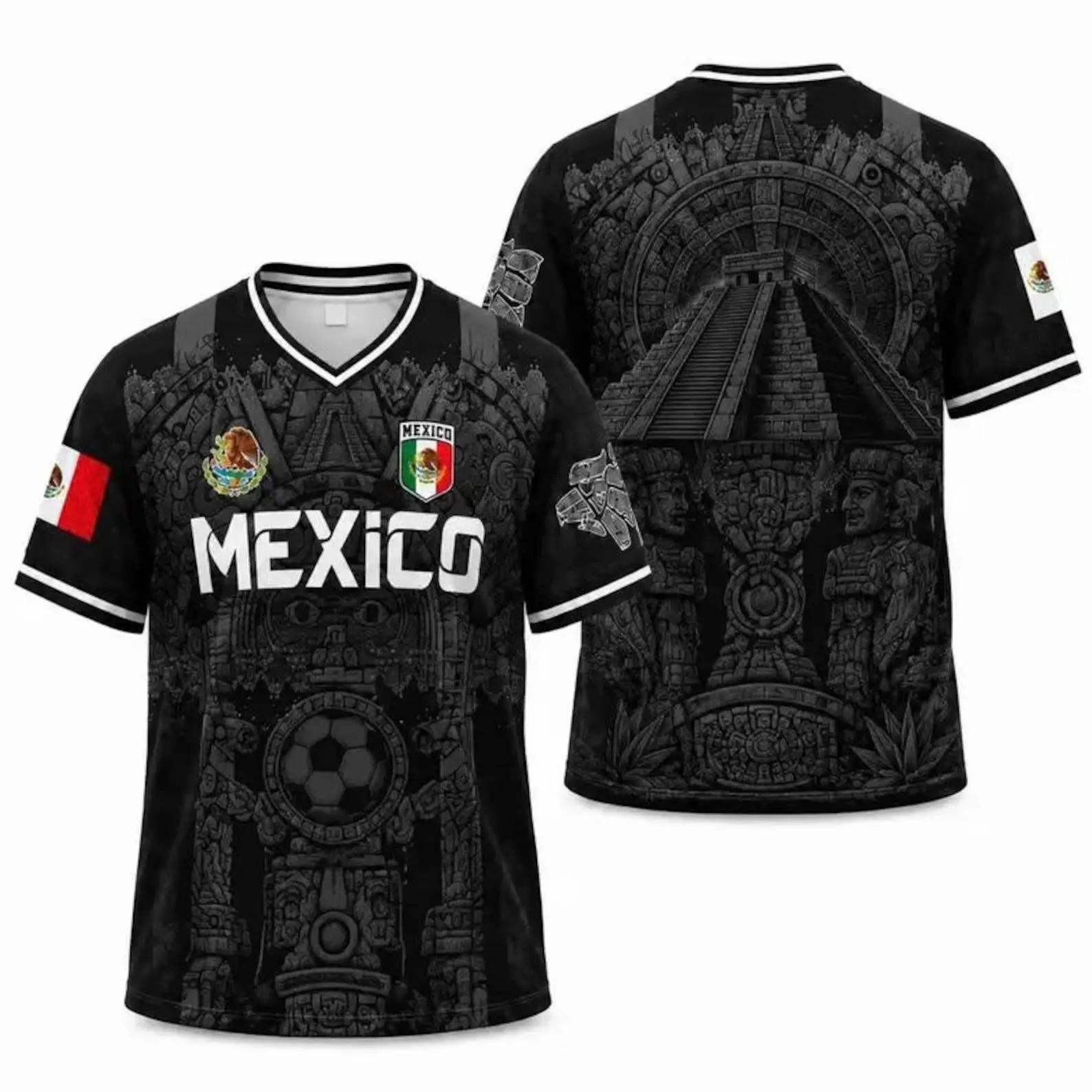Mexico 2026 Soccer Jersey for Men, Black Retro Football Shirt with Virgin of Guadalupe, Sugar SkullAztec Calendar V-Neck Design, Gift for Men and Women.
