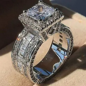 Solid Sterling Round & Princess Cut CZ Eternity Wedding Ring Sets for Women Size 5.5