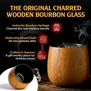 Charred Wooden Bourbon Drinking Glass, Bourbon Gifts for Men - 10 oz Charred Wooden Old Fashioned Glass Whiskey Tumbler | Birthday Whiskey Gifts for Men, Dad or Brother | Original Bourbon Tumbler Classic Traditional Utensils Grandpa Whisky Kitchen