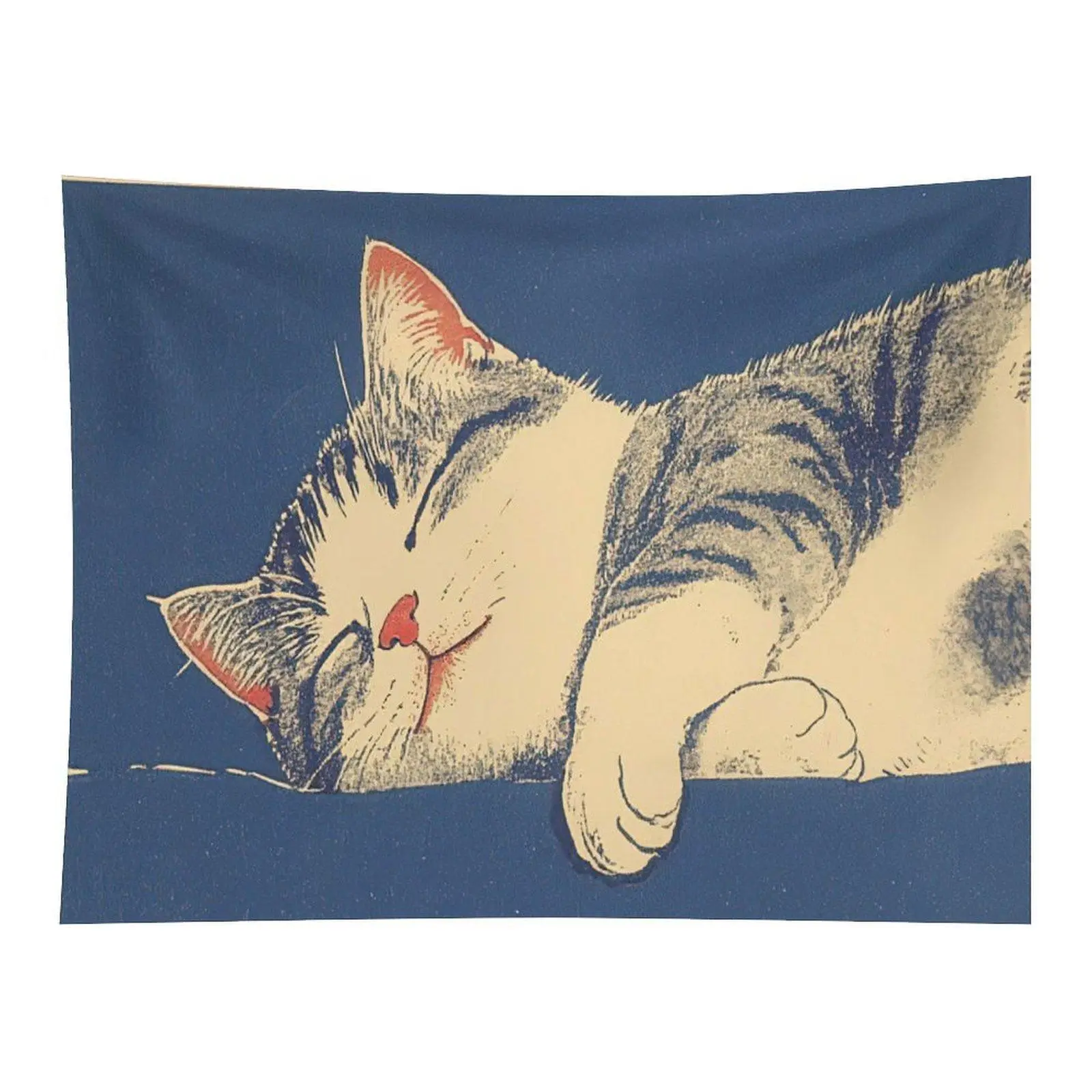 Sleeping Cat Tapestry Cute Kitty Illustration Wall Hanging, Cozy Blue Cat Tapestry for Bedroom Dorm Decor