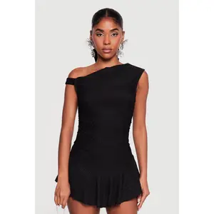 One Shoulder Side Ruched Textured Knit Crop Top