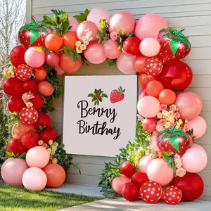 Strawberry Balloon Arch Kit with Double Stuffed Pastel Red & Pink Balloons for Sweet Party Decor
