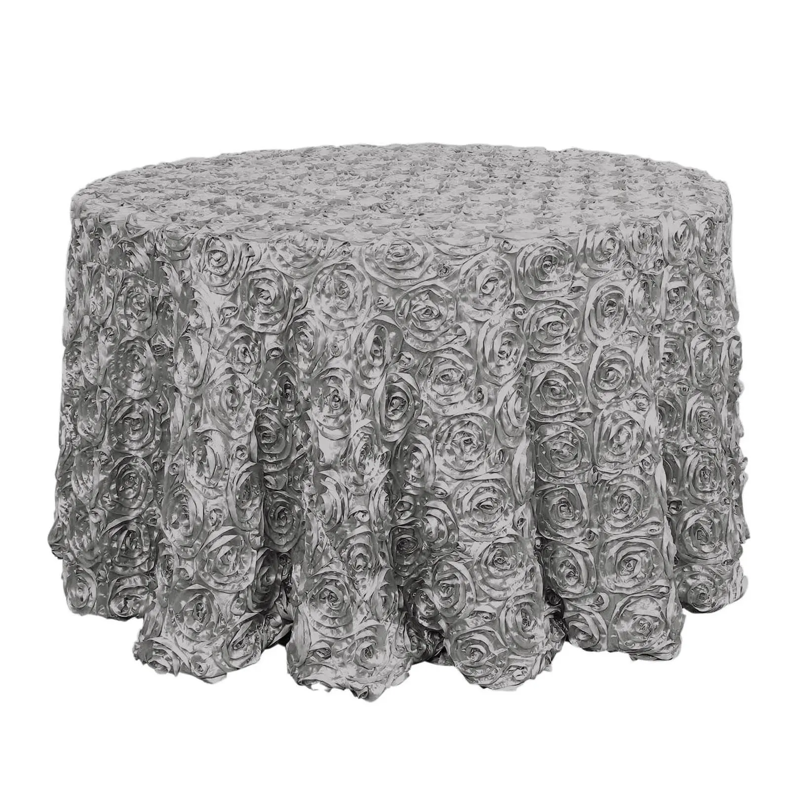 Silver 120" Round Satin Tablecloth - Decorative, Elegant 3D Rosette Design with Seamless Finish for Party, Wedding Luxe Events