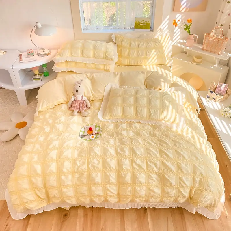 3Pcs Dreamy Bubble Ruffle Bedding Set,（1Pc Duvet cover+2Pcs Pillowcases) 110G/m2 Soft Polyester Fabric, Girls bedroom Bed set All Seasons Use, Soft Bedding Sets, Ruffled Bedding Set