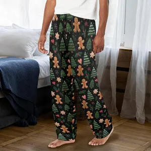 Gingerbread man Christmas Men Pajamas Pants, Black Green Festive Trees Xmas PJ Pockets Sleep Lounge Trousers Guys Male Sleepwear Bottoms